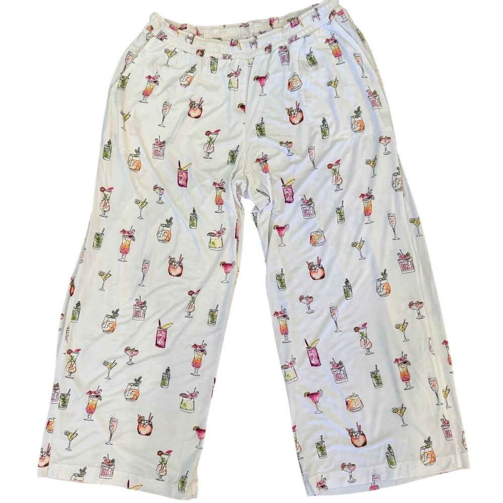 Soma Drinks On Me White Cocktail Print Long Ankle Wide Leg Pajama Pants Size M